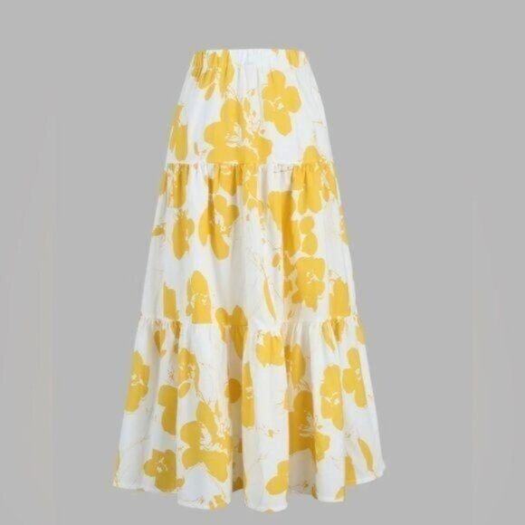 Commense yellow plumeria Two piece midi skirt and matching top Size Small New - Picture 5 of 14